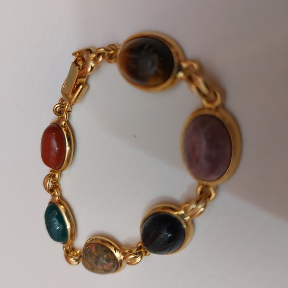 Multi Stones Scarab Bracelet Gold Tone Links Semiprecious Gems - Picture 4 of 9